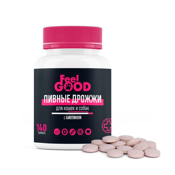 Кормовая добавка Пивные дрожжи Feel Good с биотином и чесноком, для кошек и собак, 140 таб. (1т 5кг)