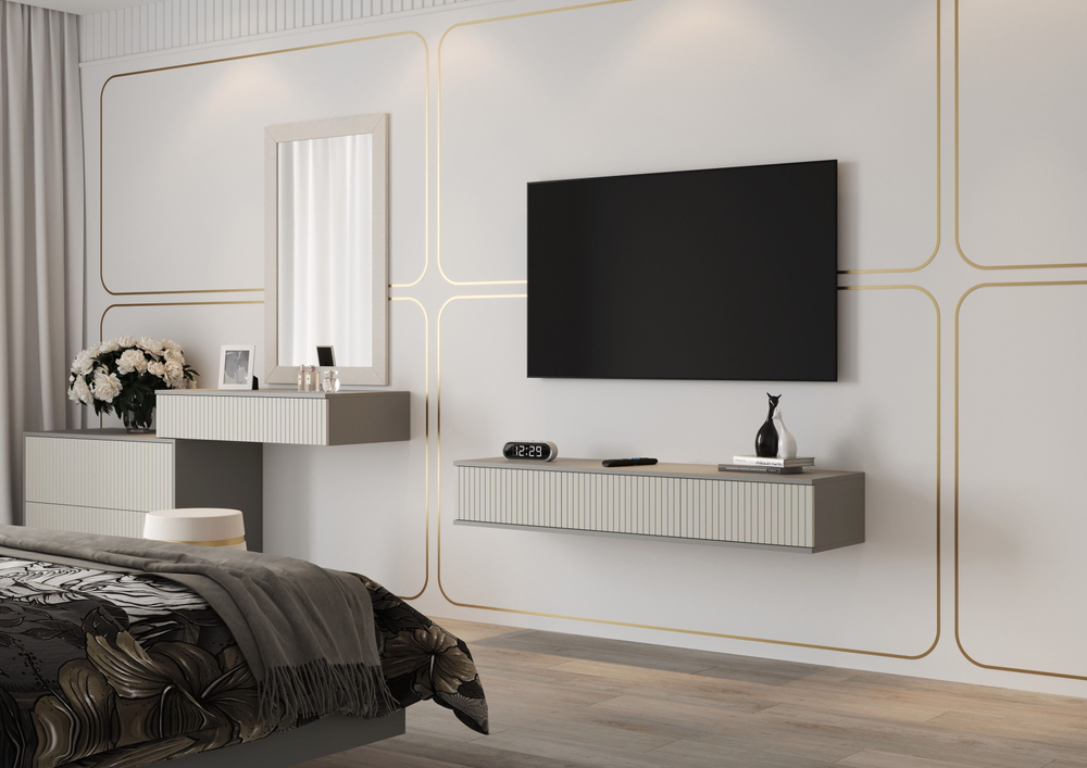 Тумба под телевизор подвесная Шиншилла серая/матовая Кварц Грей Софт 134,6х21,6х34,3 см