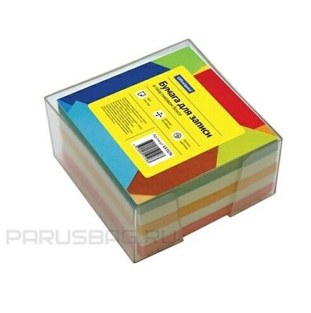 Блок бумаги для записи 9*9*5 см. цветной, бокс пластиковый прозрачный, Спейс