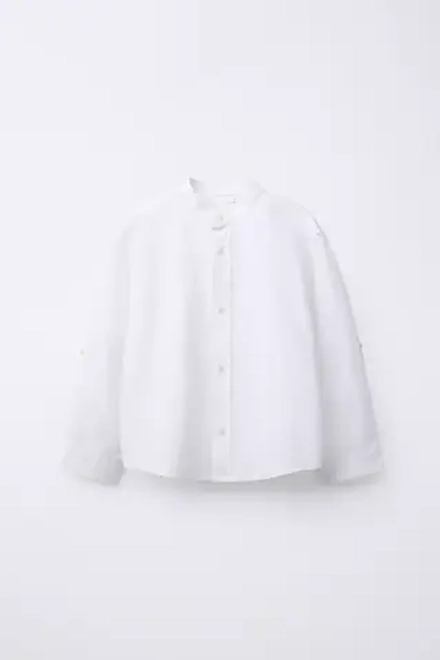 ZARA РУБАШКА ИЗ СМЕСОВОГО ЛЬНА С ВОРОТНИКОМ-СТОЙКОЙ, БЕЛЫЙ