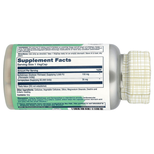 Solaray, наттокиназа и серрапептаза, кишечнорастворимая оболочка, 30 капсул VegCap