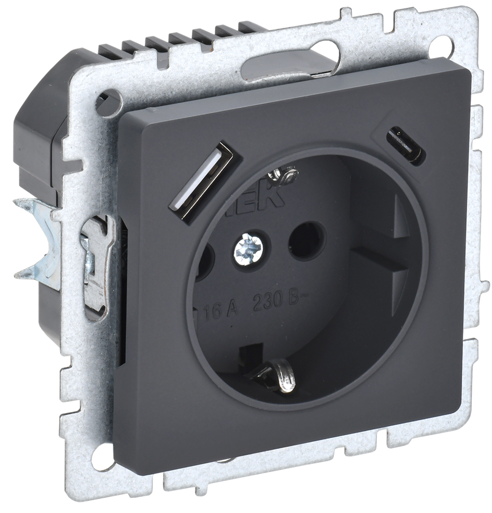 BRITE Розетка 1-местная с заземлением с защитными шторками 16А с USB A+C 18Вт РЮш11-1-БрГ графит IEK