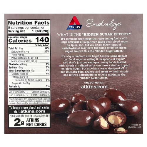 Atkins, Endulge®, миндаль в шоколадной глазури, 5 пакетиков по 28 г (1 унции)