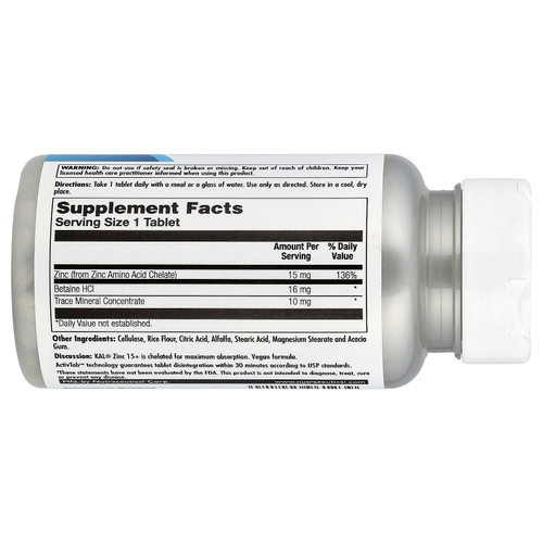 KAL, Цинк 15+ с гидрохлоридом бетаина и микроэлементами, 100 таблеток