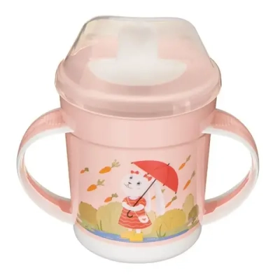 Поильник с ручками, декором и защитной крышкой, 320мл (светло-розовый)