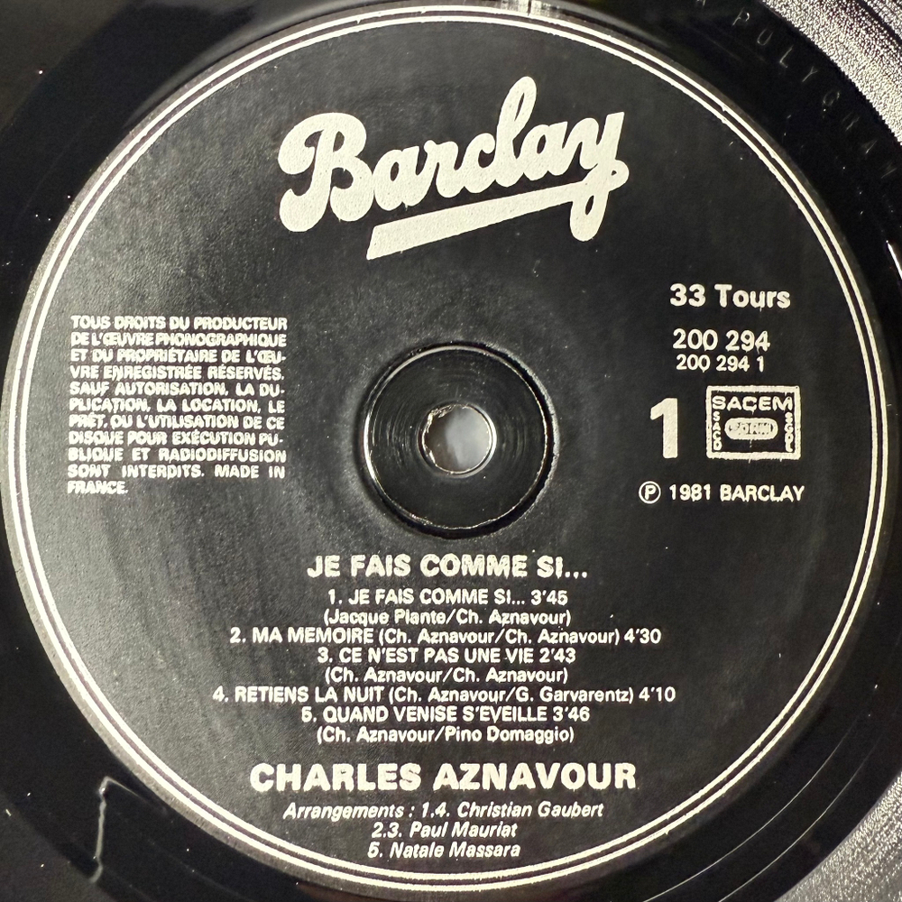 Charles Aznavour ‎– Je Fais Comme Si (Франция 1981г.)