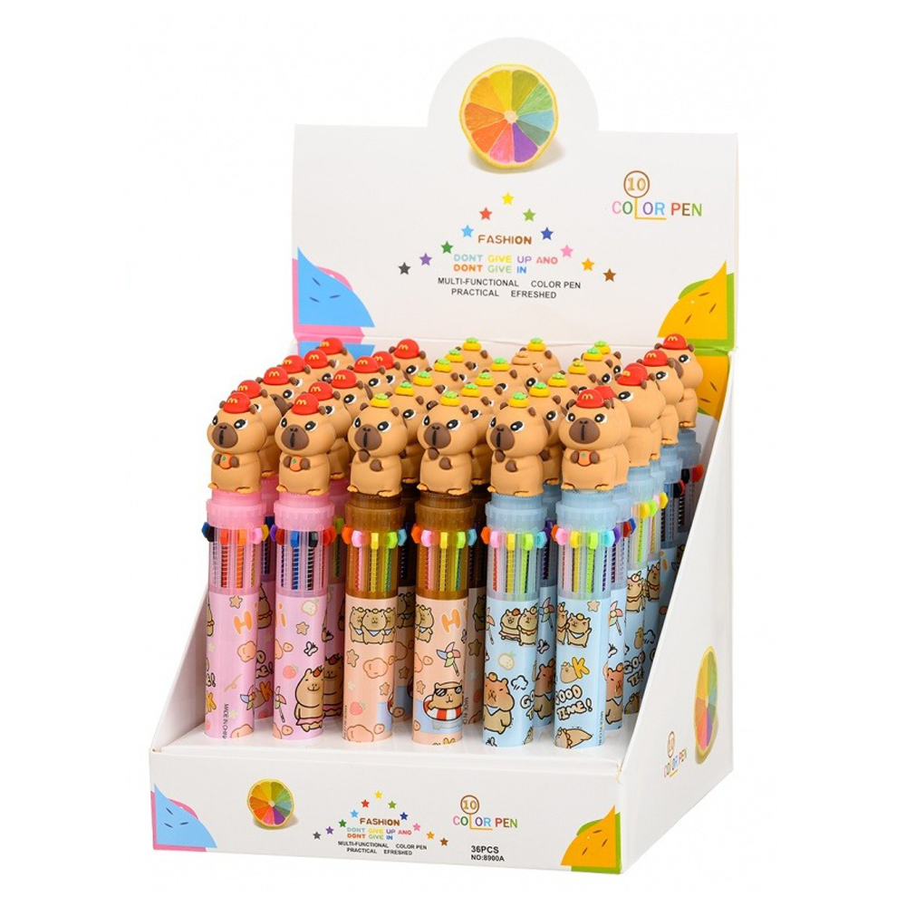 Ручка шариковая, автоматическая, 10в1, Basir, серия "Капибара", 10-ти цветная, с резиновой фигуркой, 36 шт