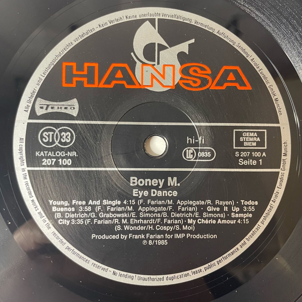 Винтажная виниловая пластинка LP Boney M Бони М Eye Dance (Germany 1985) Todos Buenos
