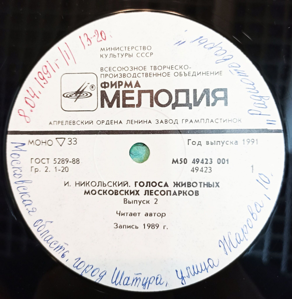 Винтажная виниловая пластинка LP Голоса животных московских лесопарков (СССР 1989)