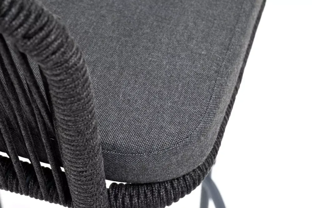 "Марсель" стул барный плетеный из роупа, каркас из стали серый (RAL7022) муар, роуп темно-серый круглый, ткань темно-серая 027