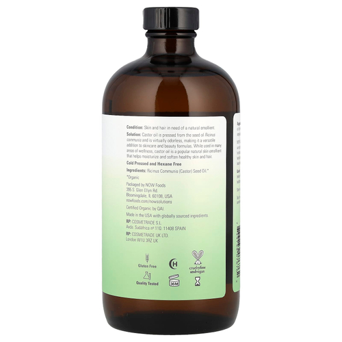 NOW Foods, Solutions, сертифицированное органическое касторовое масло, 473 мл (16 жидк. Унций)