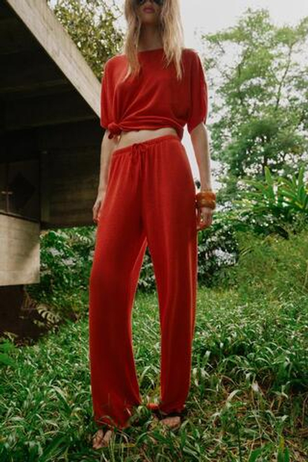 ZARA БРЮКИ WIDE LEG ИЗ ТКАНИ В ДЕРЕВЕНСКОМ СТИЛЕ, КРАСНЫЙ