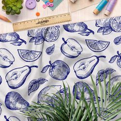 Ткань штапель нарисованные синей пастой фрукты