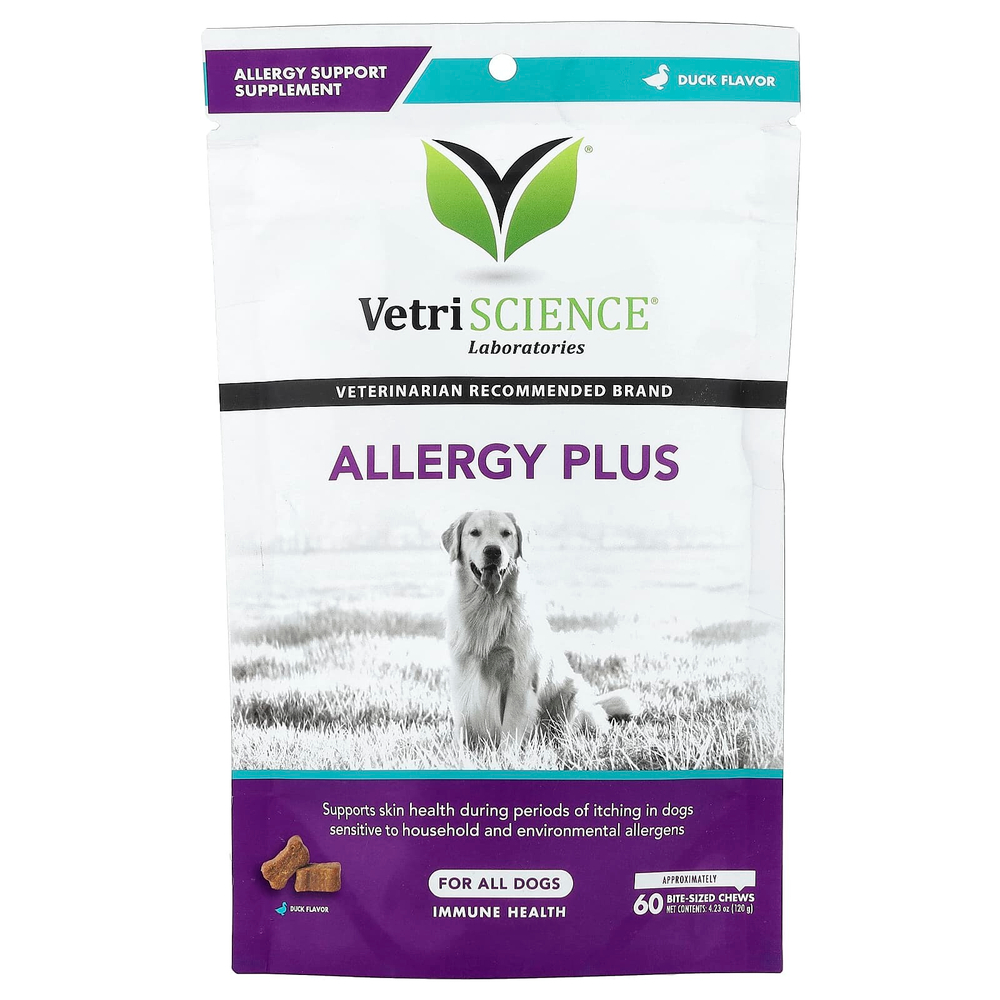 Vetriscience, Allergy Plus, для всех собак, утка, жевательные таблетки на размер 60, 120 г (4,23 унции)