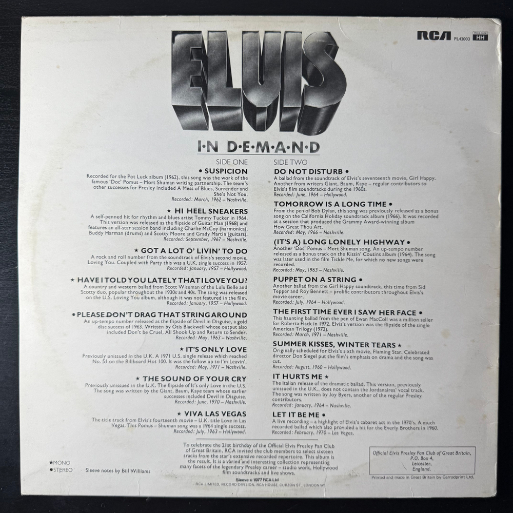 Elvis Presley ‎– Elvis In Demand (Англия 1977г.)