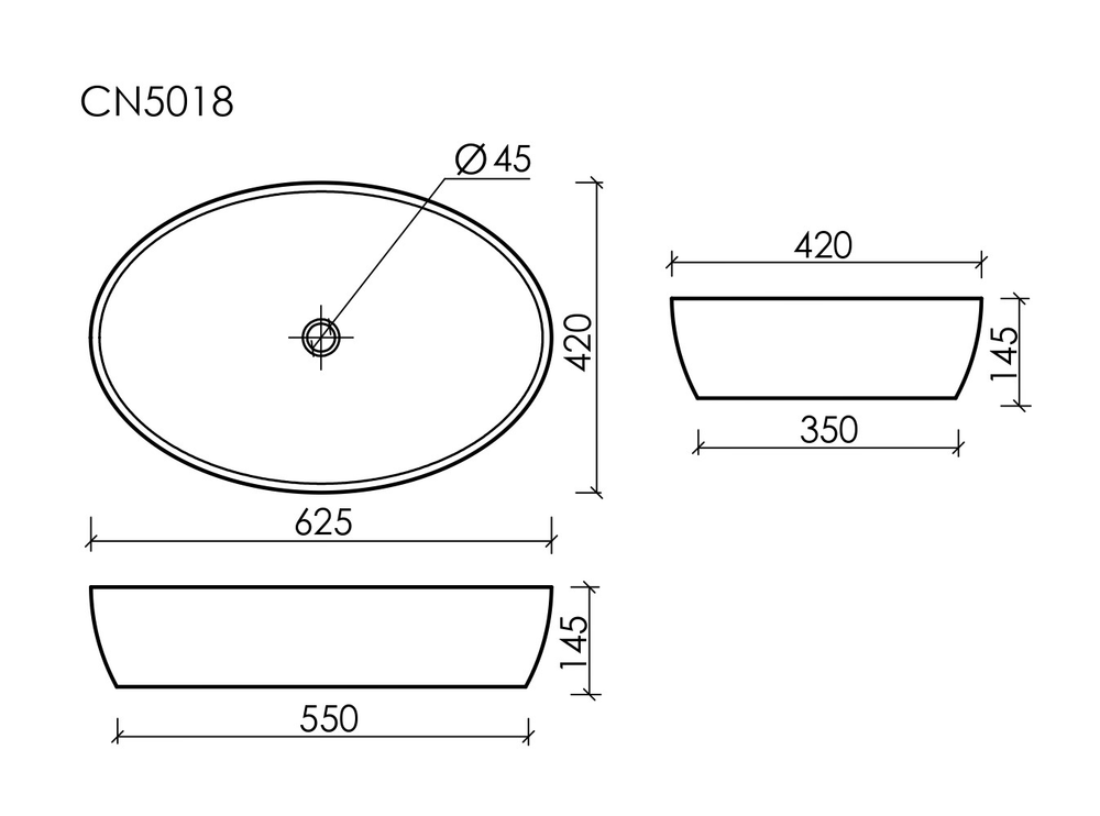 Умывальник чаша накладная овальная Element 610x410x150мм