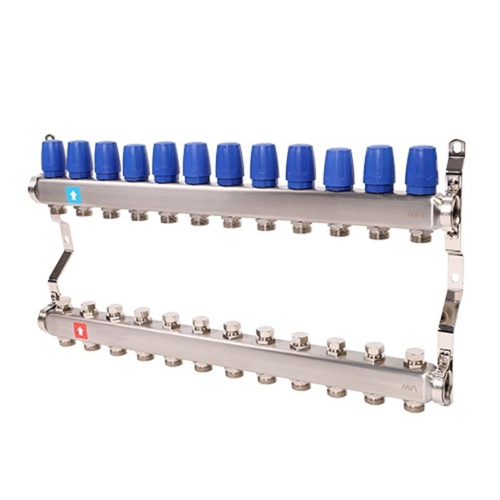 Блок коллекторный MVI из нержавеющей стали DN 25-12 выходов G 3/4, без расходомеров, без дренажного крана и воздухоотводчика, евроконус, MS.412.06
