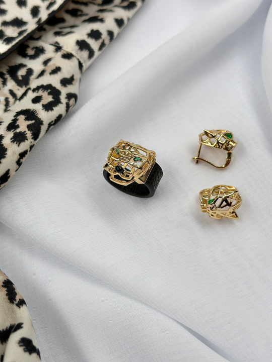 Кольцо с леопардом на черной коже, оттенок золото