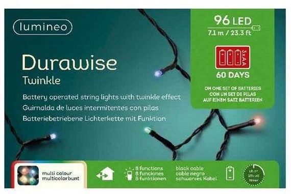 Светодиодная гирлянда на батарейках с контроллером 7.1 м., 96 разноцветных LED ламп, 3 батарейки типа АА, черный ПВХ провод, Kaemingk (497146)