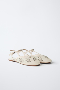 ZARA БАЛЕТКИ-МЮЛИ С ВЫШИВКОЙ, ЭКРЮ