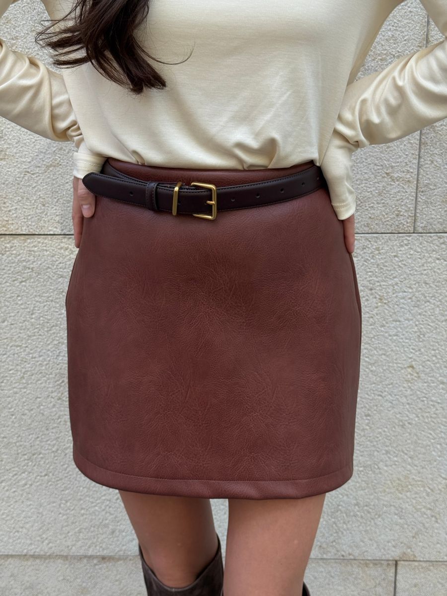 Юбка из эко-кожи мини коричневая
