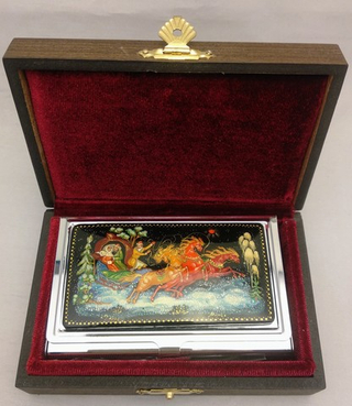 Визитница металлическая персональная "Русская зима. Тройка" (роспись Палех)