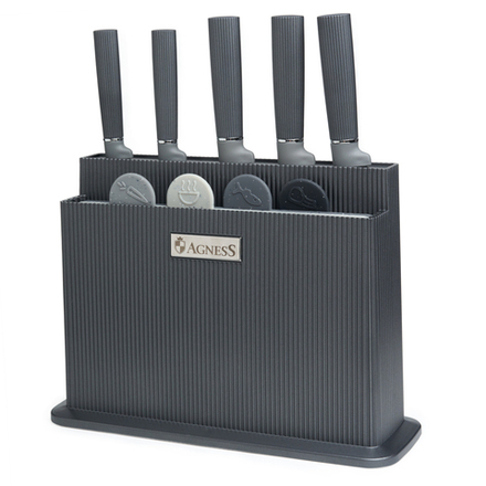 НАБОР AGNESS ИЗ 10ПР: 5 НОЖЕЙ, 4 ДОСКИ И ПОДСТАВКА, ЦВЕТ: ЧЕРНО-СЕРЫЙ