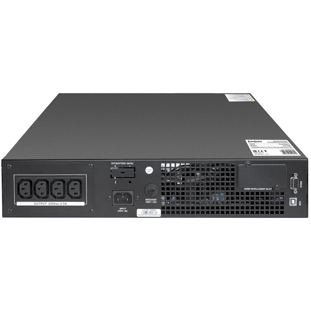 Источник бесперебойного питания Exegate EP285646RUS ИБП On-line ExeGate PowerExpert ULS-1000.LCD.AVR.C13.USB.RS232.SNMP.2U &lt;1000VA/1000W, On-Line, PF=1, LCD, 4*IEC-C13, RS232, USB, SNMP-slot, Rackmount 2U/Tower, Black&gt;