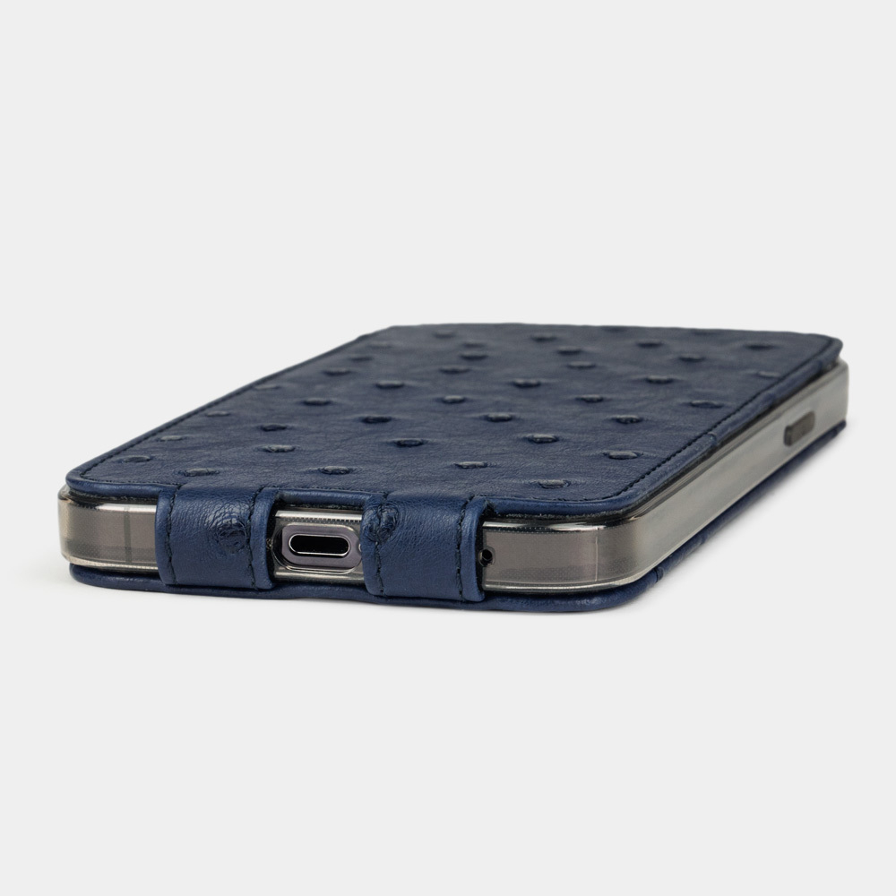 Чехол для iPhone 14 Pro Max из кожи страуса, синего цвета