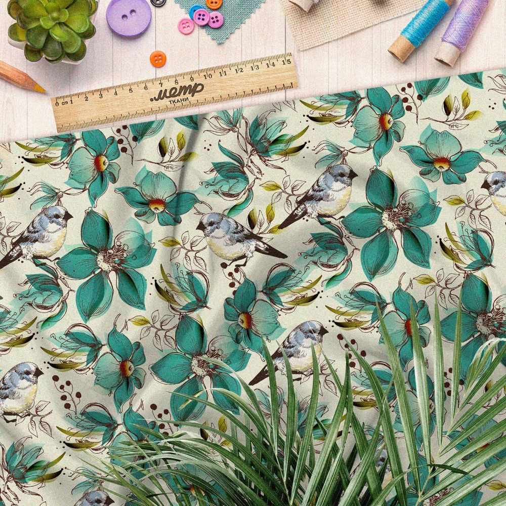 Ткань шелк Армани бирюзовые цветы с птицами