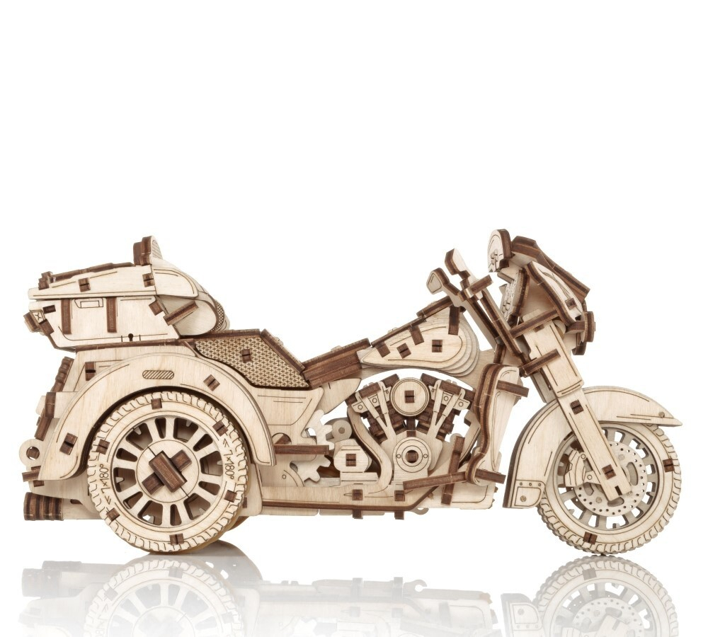 Мотоцикл Трайк (EWA) - Деревянный конструктор, сборная механическая модель, 3D пазл