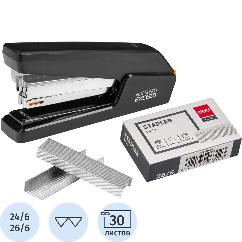 Степлер Deli Effortless E0433S(N24/6-26/6)до30л,энергос,+1000скоб,плст,черн
