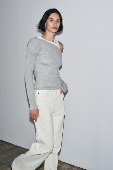 ZARA АСИММЕТРИЧНАЯ ФУТБОЛКА С ЭФФЕКТОМ ДВОЙНОГО СЛОЯ, СЕРЫЙ МЕЛАНЖ