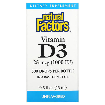 Natural Factors, Витамин D3 в каплях, без ароматизаторов, 25 мкг (1000 МЕ), 15 мл (0,5 жидкой унции)