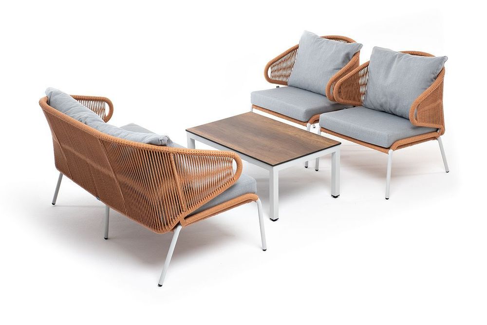 "Милан" лаунж-зона 4-местная плетеная из роупа (веревки), каркас алюминиевый светло-серый, роуп оранжевый меланж