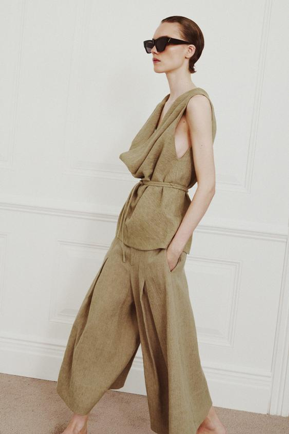 ZARA ШИРОКИЕ БРЮКИ ИЗ ЛЬНА — ZW COLLECTION, ХАКИ