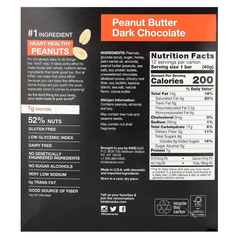 KIND Bars, Kind Plus, батончик из темного шоколада с арахисовой пастой, 12 батончиков по 40 г (1,4 унции)