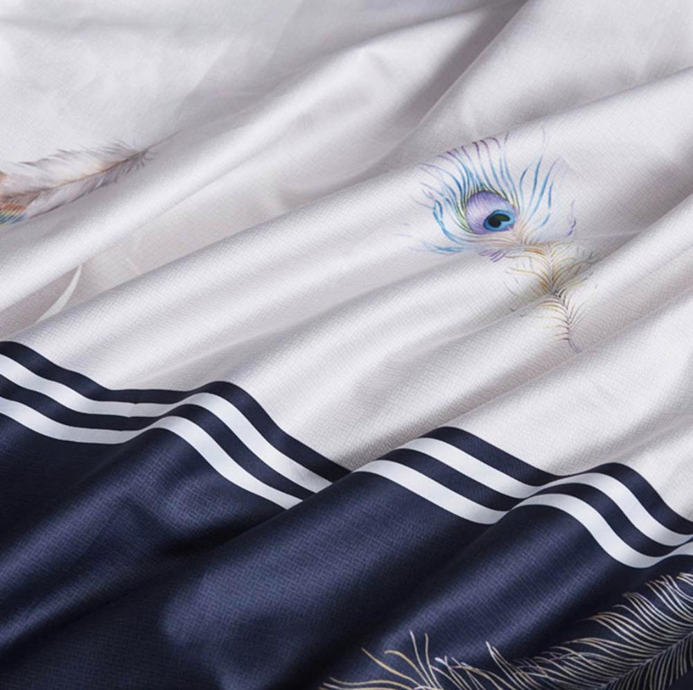 Комплект постельного белья Семейный (2 пододеяльника) Мако-сатин Египетский Хлопок Синий перья