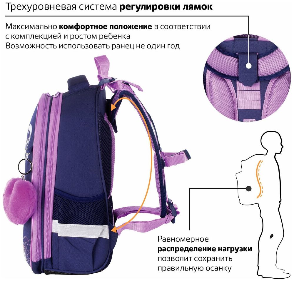 Ранец BRAUBERG PREMIUM, 2 отделения, с брелком, "Paris", 38х29х16 см, 228787