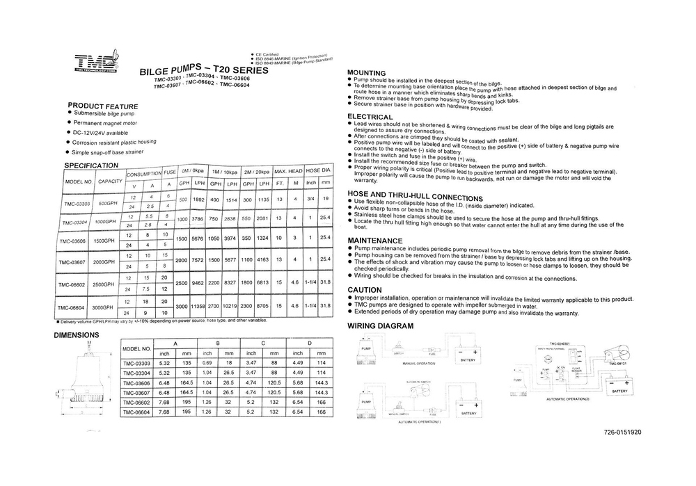 Помпа осушительная, 12 В, 1000GPH (3785 л/ч)
