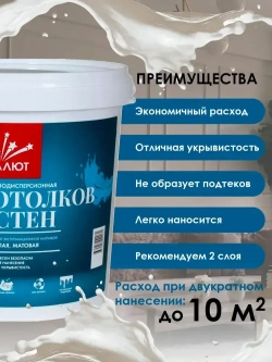 Краска для стен и потолков, матовая, супербелая, водоэмульсионная, для внутренних работ.