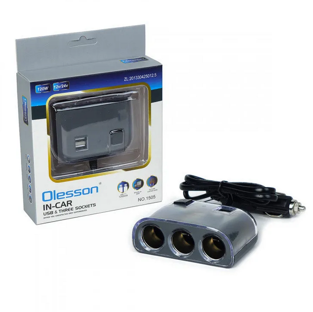 Разветвитель авто Olesson NO.1505 (2USB /3розетки)