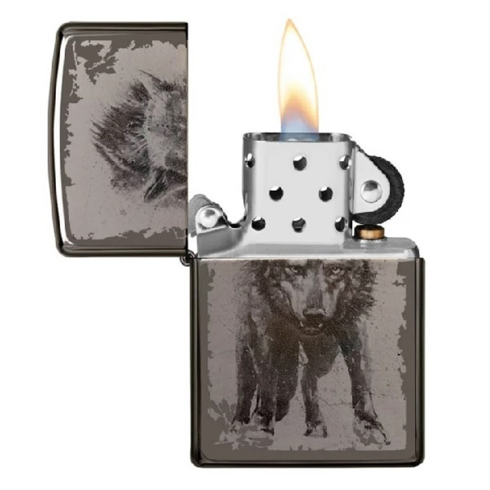 Зажигалка черная глянцевая Zippo Wolf Design с покрытием Black Ice