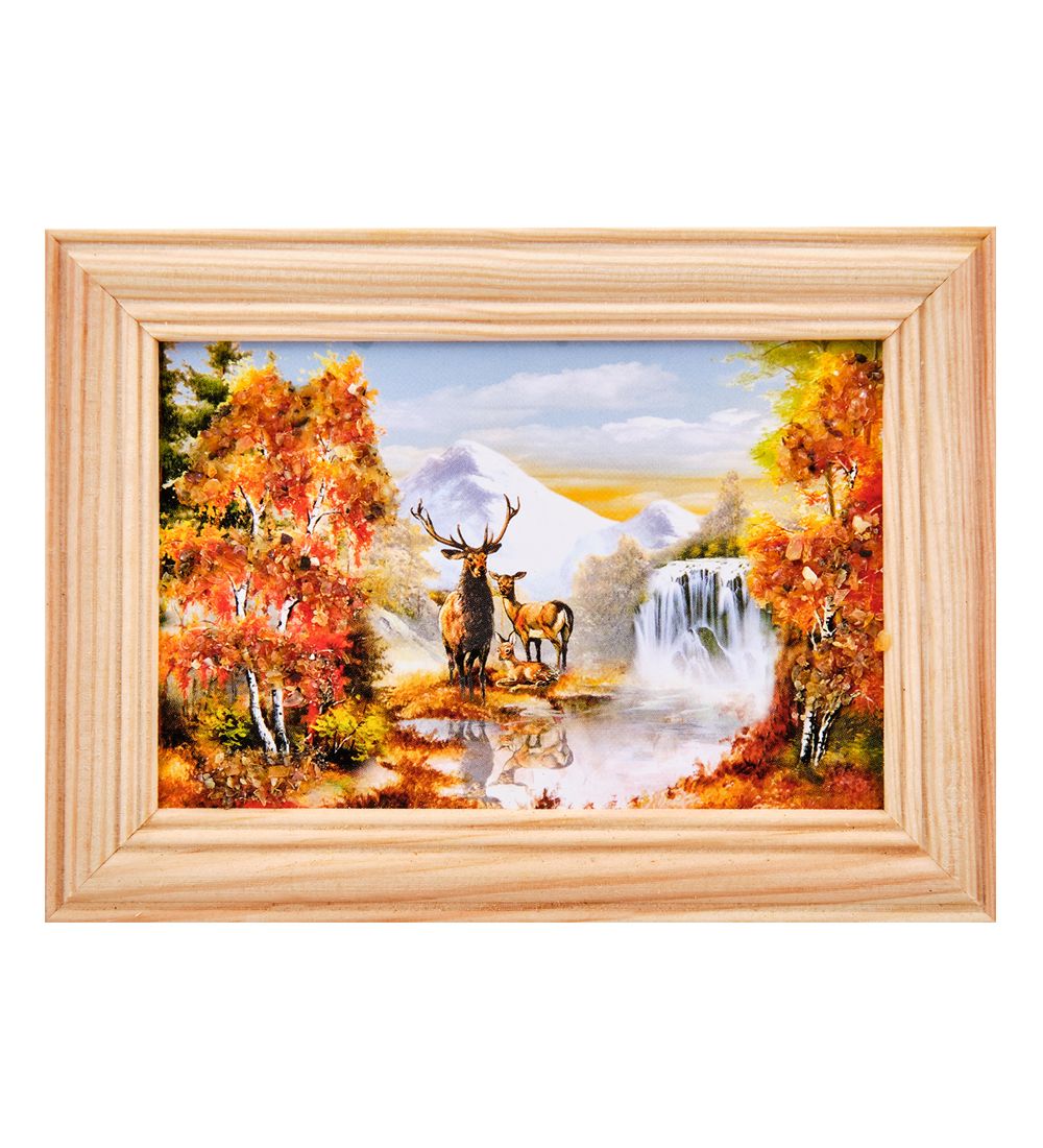 AMB-56/12 Картина «Олени» (с янтарной крошкой) дер.рамка 8х12