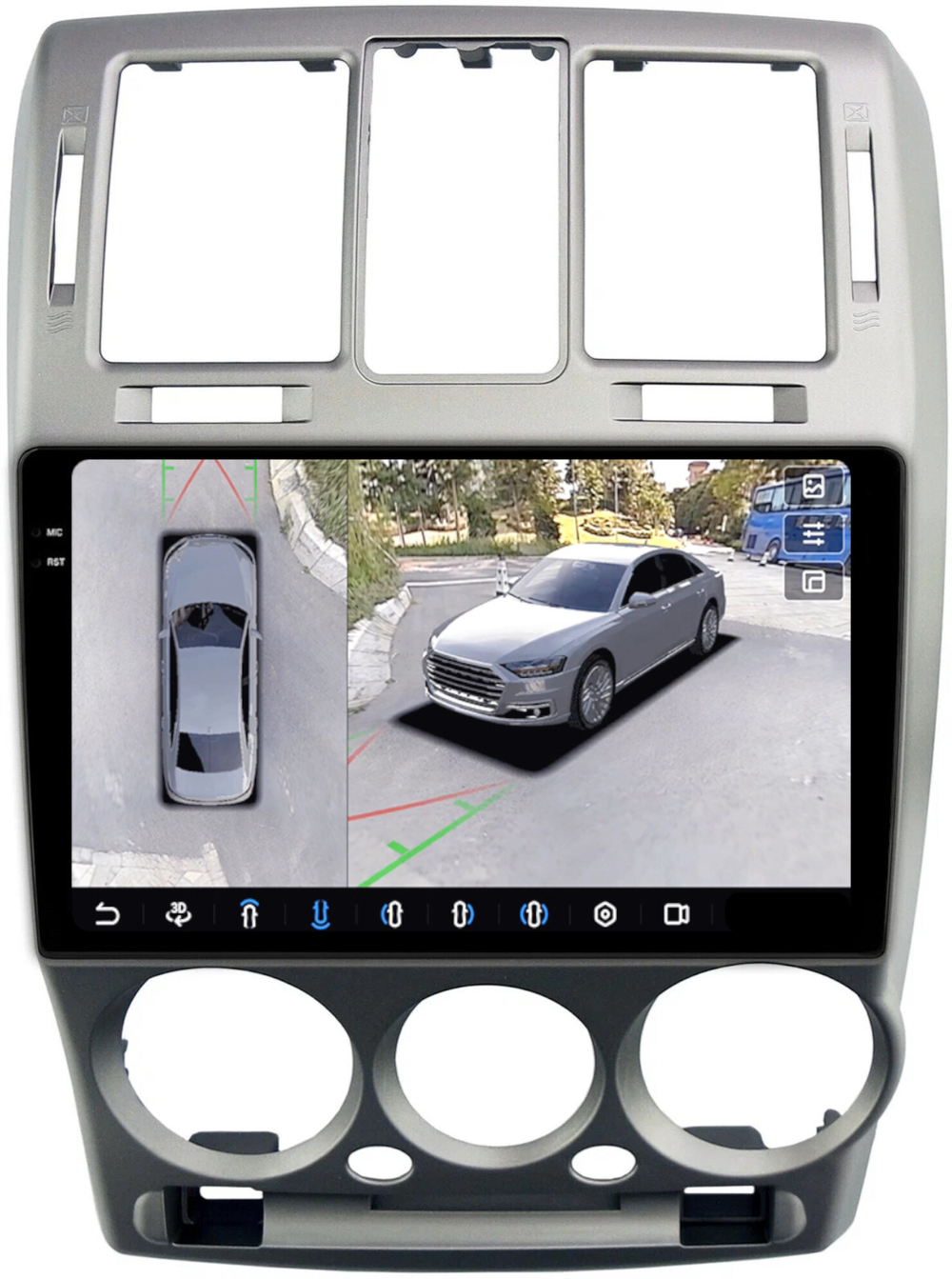 Магнитола для Hyundai Getz 2002-2011 (рамка серебро) - FarCar BX3073-2M-360 монитор 9.5" 2K QLED на Android 13, 6Гб+128Гб, CarPlay, 4G SIM-слот, 4 камеры в комплекте