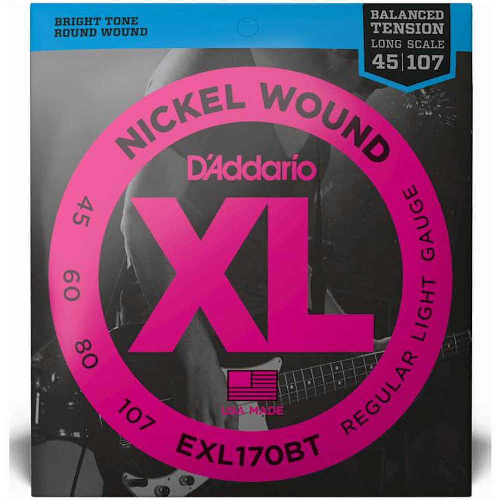 D`ADDARIO EXL170BT Balanced Tension Nickel Wound Комплект струн для 4-х струнной бас-гитары. Сердечник: сталь, оплетка: никелированная сталь. Калибры струн: .45, .60, .80, .107.