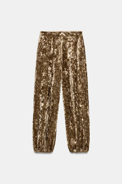 ZARA БРЮКИ-БАЛЛОНЫ ИЗ БАРХАТА С МЕТАЛЛИЗИРОВАННОЙ НИТЬЮ, ЗОЛОТИСТЫЙ