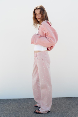 ZARA ДЖИНСЫ TRF WIDE-LEG С НИЗКОЙ ПОСАДКОЙ И ГОРОШКОМ, РОЗОВЫЙ