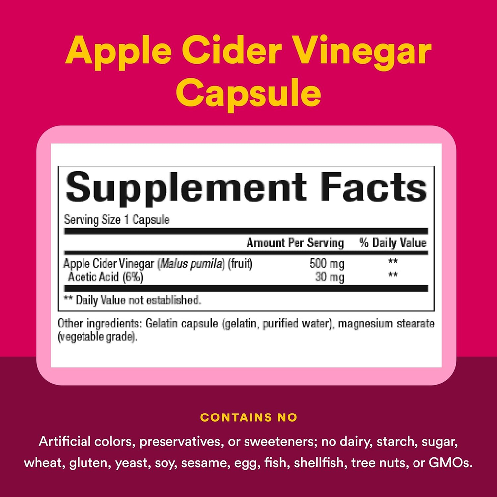 Natural Factors, ферментированный яблочный уксус, 500 мг, 180 капсул, которые легко глотать