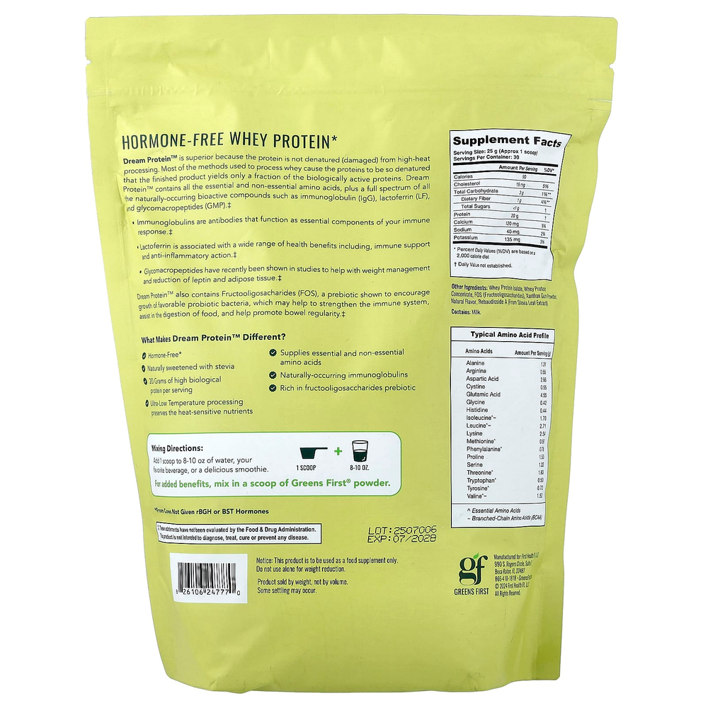 Greens First, Dream Protein™, сывороточный протеин, сливочная французская ваниль, 750 г (26,5 унции)